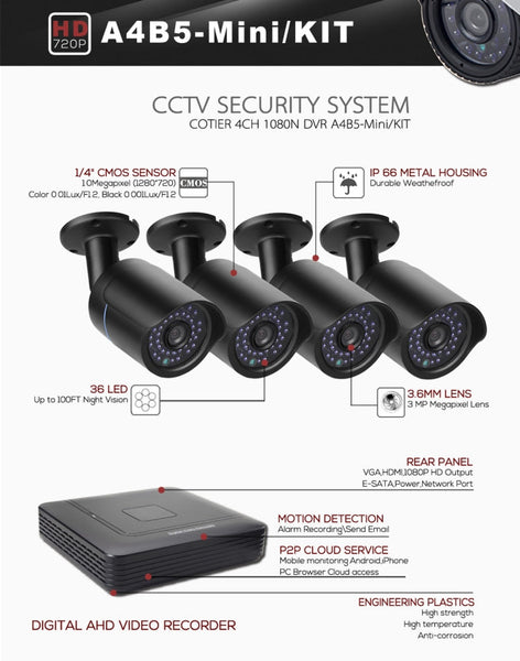 A4B5-Mini 4 Channel 720P 1.0 Mega Pixel 4 x Bullet AHD Cameras AHD DVR Kit, Support Night Vision / Motion Detection, IR Distance: 20m