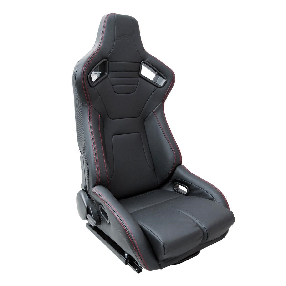 Simoni Racing Emerson Luxury Reclining Car Bucket Seat with right side adjust handle - Black Synthetic Leather Carbon Fibre Panels & Red Stitch