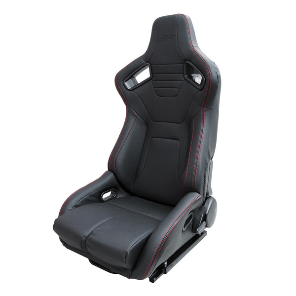 Simoni Racing Emerson Luxury Reclining Car Bucket Seat with Left side adjust handle - Black Synthetic Leather Carbon Fibre Panels & Red Stitch