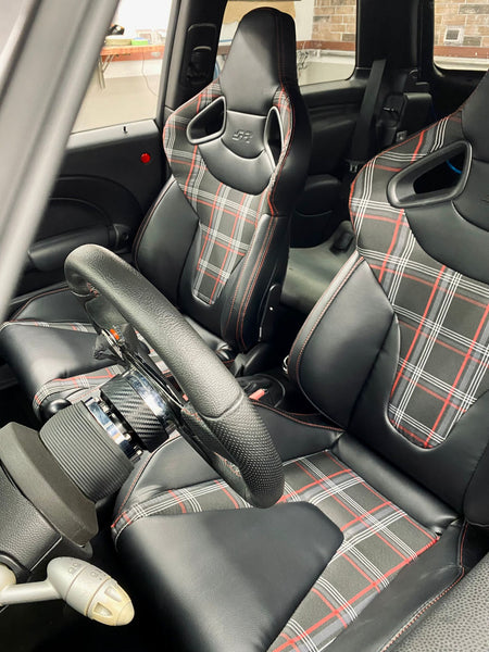 Simoni Racing x1 Individual Universal Plaid Check Tartan GT Jackie x1 Bucket Seat Black & Red inc Base Mounted Slide Runners