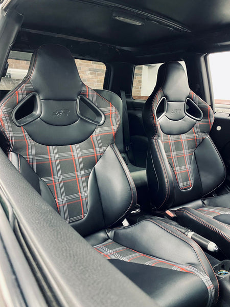 Simoni Racing x1 Individual Universal Plaid Check Tartan GT Jackie x1 Bucket Seat Black & Red inc Base Mounted Slide Runners