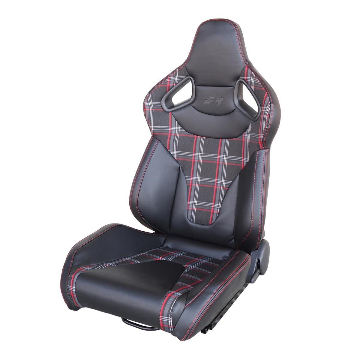 Simoni Racing Universal Plaid Check Tartan GT Jackie x1 Bucket Seat Black & Red inc Base Mounted Slide Runners