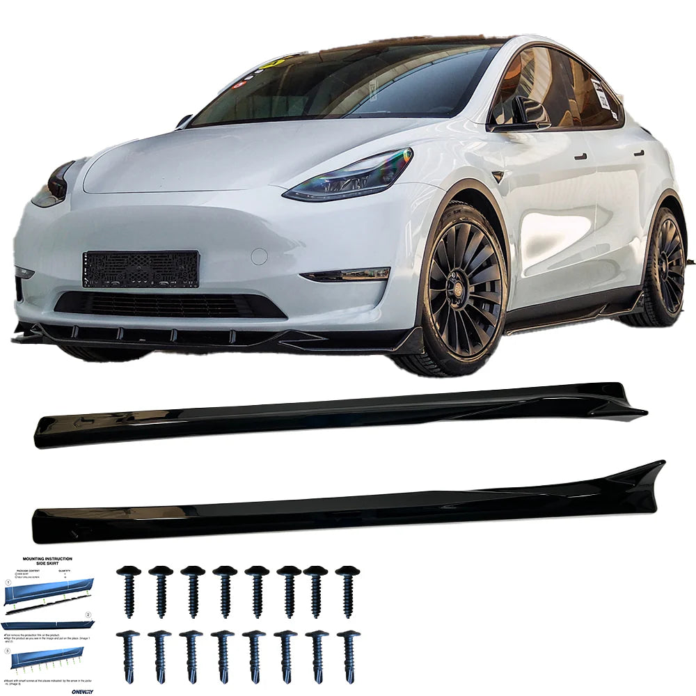 OW Side Skirts Extensions Trims Valance TESLA Model Y 2020-2025 Gloss Black ABS Plastic Screws On