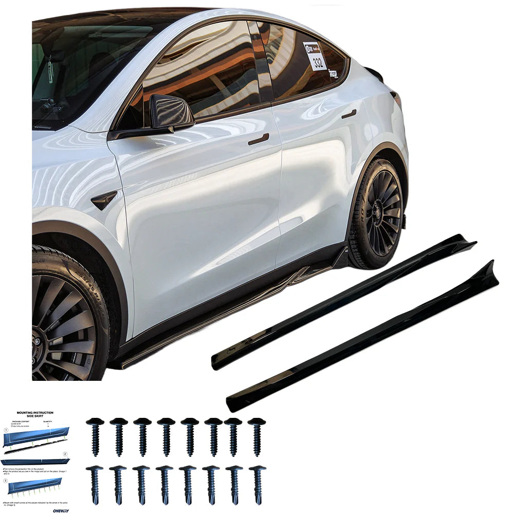 OW Side Skirts Extensions Trims Valance TESLA Model Y 2020-2025 Gloss Black ABS Plastic Screws On