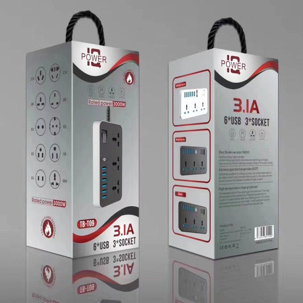 T09 3000W High Power Multi-Function Plug-in 3-Hole International Universal Jack + 6 USB Intelligent Charging