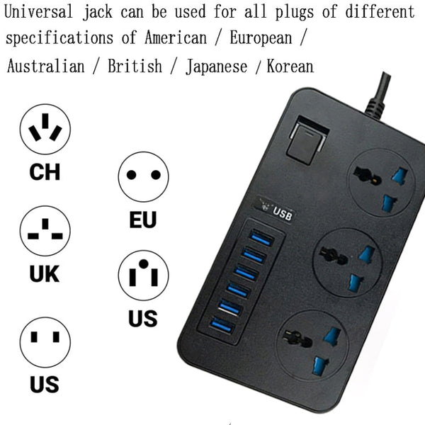 T09 3000W High Power Multi-Function Plug-in 3-Hole International Universal Jack + 6 USB Intelligent Charging