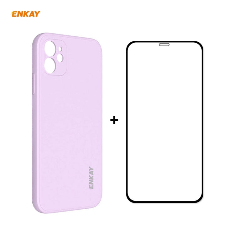 For iPhone 12 Hat-Prince ENKAY ENK-PC0682 Liquid Silicone Straight Edge Shockproof Case + 0.26mm 9H 2.5D Full Glue Tempered Glass Film, For iPhone 12