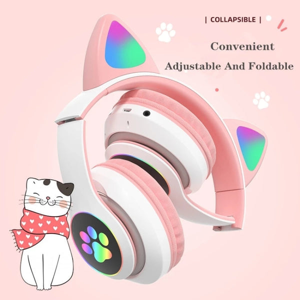 TN-28 3.5mm Bluetooth 5.0 Dual Connection RGB Cat Ear Bass Stereo Noise-cancelling Headphones Support TF Card With Mic