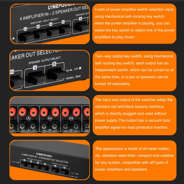 B042 4-in 2-out Power Amplifier Sound Switcher Loudspeaker Switch Distributor, 300W Per Channel Lossless Sound Quality, B042