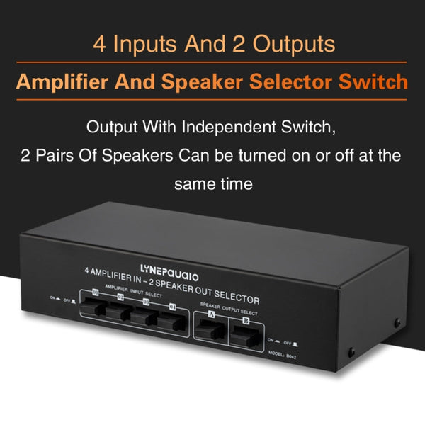 B042 4-in 2-out Power Amplifier Sound Switcher Loudspeaker Switch Distributor, 300W Per Channel Lossless Sound Quality, B042
