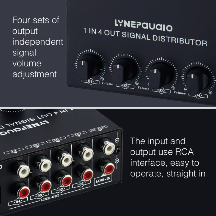 1-In 4-Out Front Stereo Signal Amplifier, Independent Output Volume Adjustment RCA Interface No Loss  Allocator, US Plug, B029