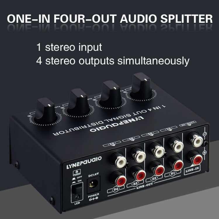 1-In 4-Out Front Stereo Signal Amplifier, Independent Output Volume Adjustment RCA Interface No Loss  Allocator, US Plug, B029