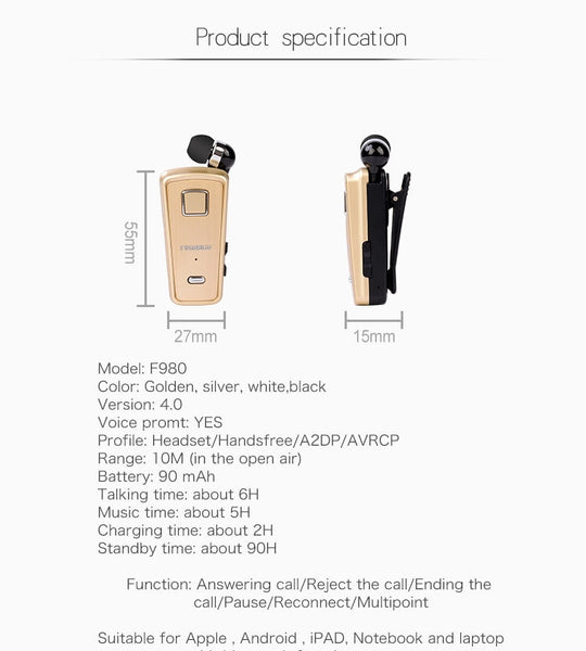 F980 CSR4.1 Retractable Cable Caller Vibration Reminder Anti-theft Bluetooth Headset, White