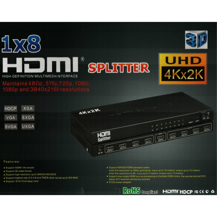 1 x 8 4K x 2K 3840*2160/30HZ HDMI Splitter, 1 x 8 4K x 2K