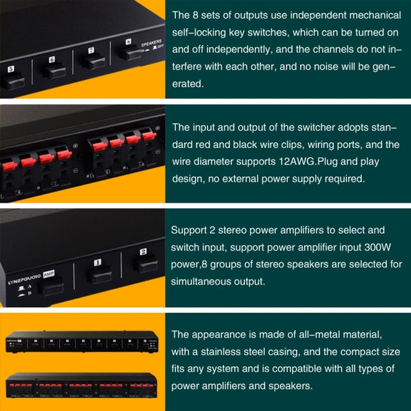100W 2 In 8 Out Power Amplifier Loudspeaker Box Switcher