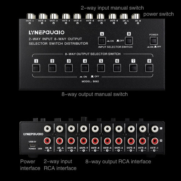 2 In 8 Out RCA Audio Frequency Signal Select Switch Distributor, 2 In 8 Out