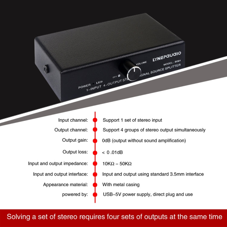 1 In 4 Out Audio Frequency Signal Splitter Distribute Device, Non Consumption, 3.5mm Interface Output, 1 In 4 Out 3.5mm Interface