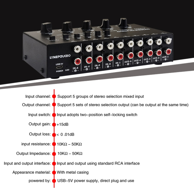 5 In 5 Out Audio Signal Selector Sound Mixing Distribute Device Input Independent Switch, 5 In 5 Out