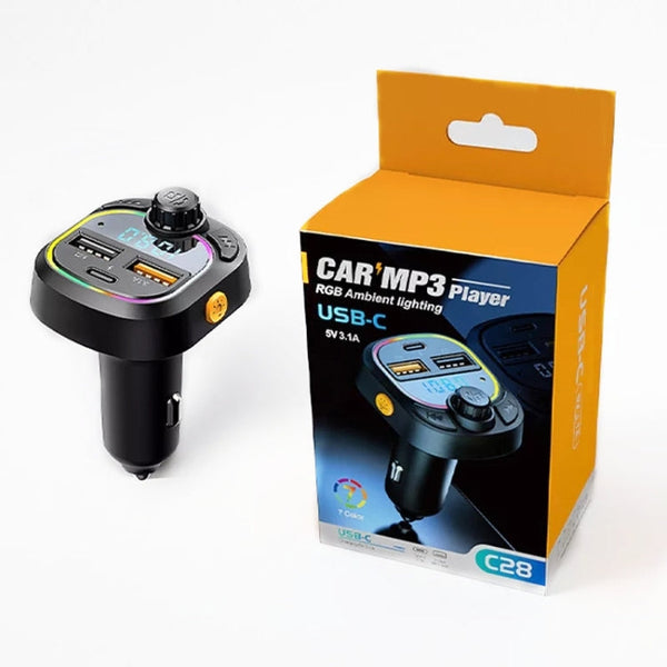 C28 Fast Charging Atmosphere Light Handsfree Car Kit Car Mp3 Player Stereo FM Transmitter, C28