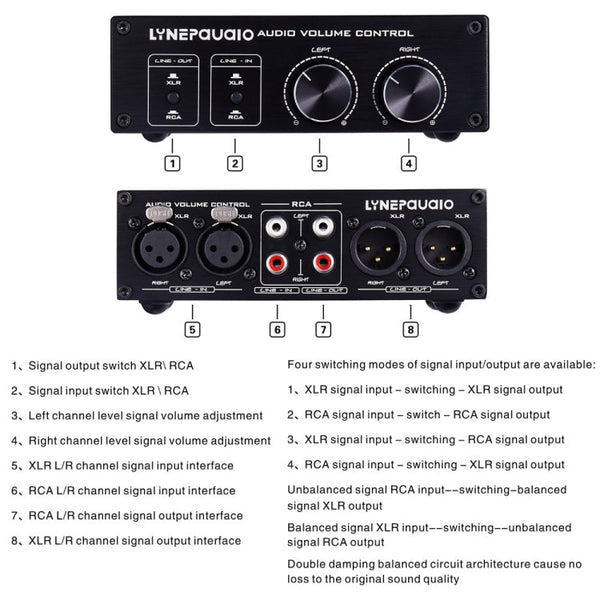 2 In and 2 Out Switcher Volume Controller, RCA signal switches to XLR balanced signal and no need for power supply. It provides RCA and XLR interfaces, independent L/R channel volume adjustment, which is suitable for devices with volume adjustment need