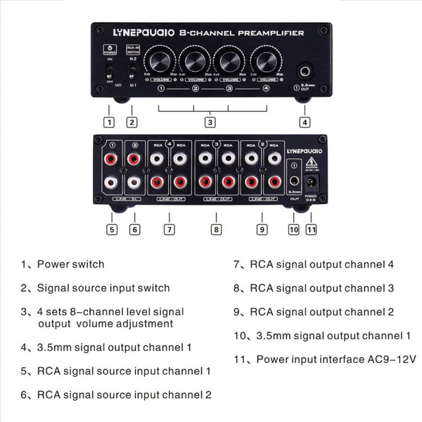 Pre-Amplifier Speaker Distributor, 2 In 8 Out Switcher, Speaker Comparator, Signal Booster, With Volume Control And Earphone 16-600 ohms / Monitor Function 2-Channel Signal Switching Input