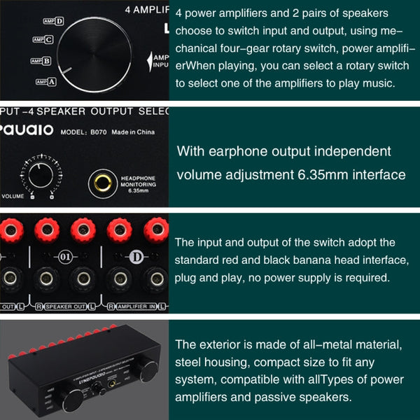 4 Input 2 Output or 2 In 4 Out Power Amplifier Speaker Selector Switcher, 4 Input 2 Output or 2 In 4 Out