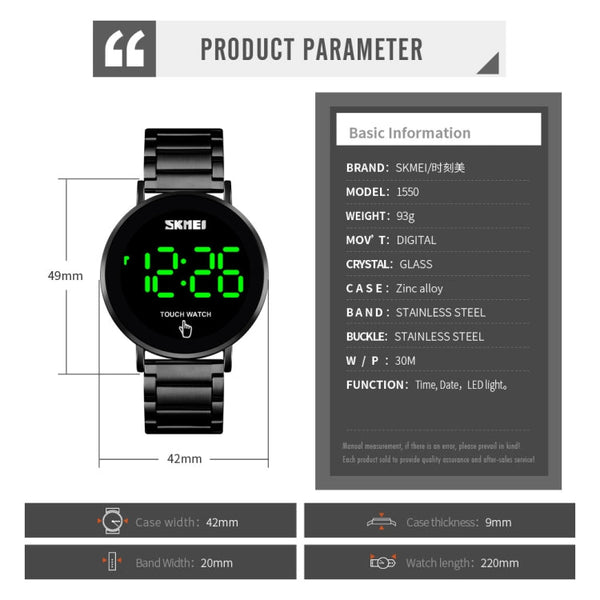 SKMEI 1550 Simple and Stylish LED Touch Screen Men  Watch Waterproof Stainless Steel With Electronic Watch