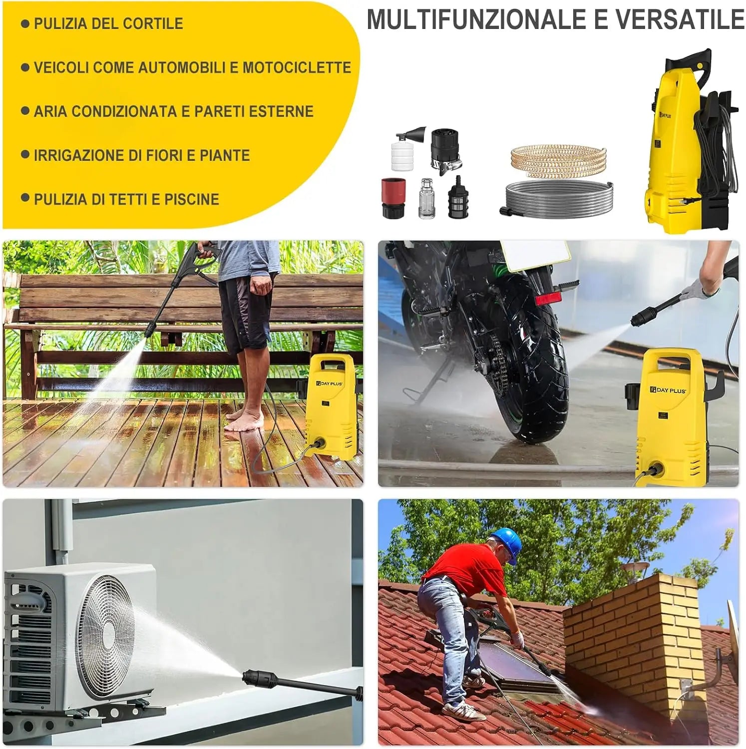 Electric High Pressure Washer 1600W, 120bar, 380L/h – Adjustable Lance, 7m Flexible Hose, for Terraces, Gardens, Cars