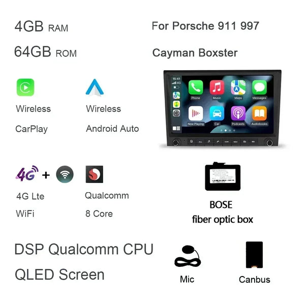 720P 8" 2 din Android 14.0 Car DVD player 8 Core 256GB ROM DSP multimedia GPS autoradio For Porsche 987 911 997 Cayman Boxster