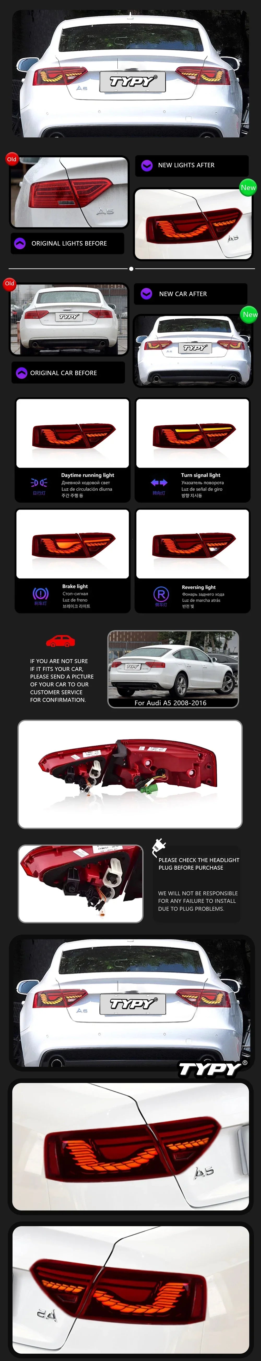 TYPY Car For Audi A5 RGB Taillights 2008-2016 Upgrade Modified to New DRL Dynamic Turn Signal LED Taillight Auto Accessories