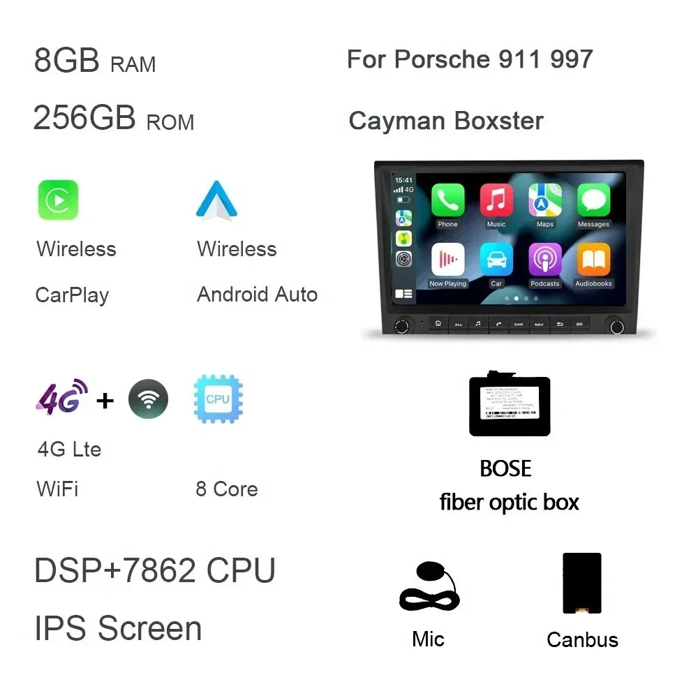 720P 8" 2 din Android 14.0 Car DVD player 8 Core 256GB ROM DSP multimedia GPS autoradio For Porsche 987 911 997 Cayman Boxster