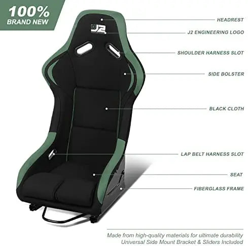 Pair Of Universal Fiberglass Black Green Suede Bucket Racing Seat Come With Double Slider1022