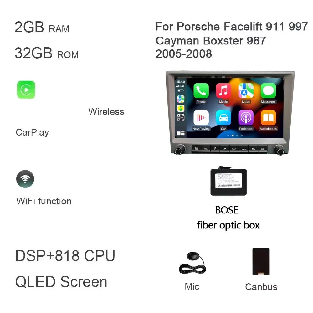 Grey 720P CarPlay 8" Android 14.0 Car DVD player 8 Core 4GB DSP multimedia GPS autoradio For Porsche 911 997 987 Cayman Boxster