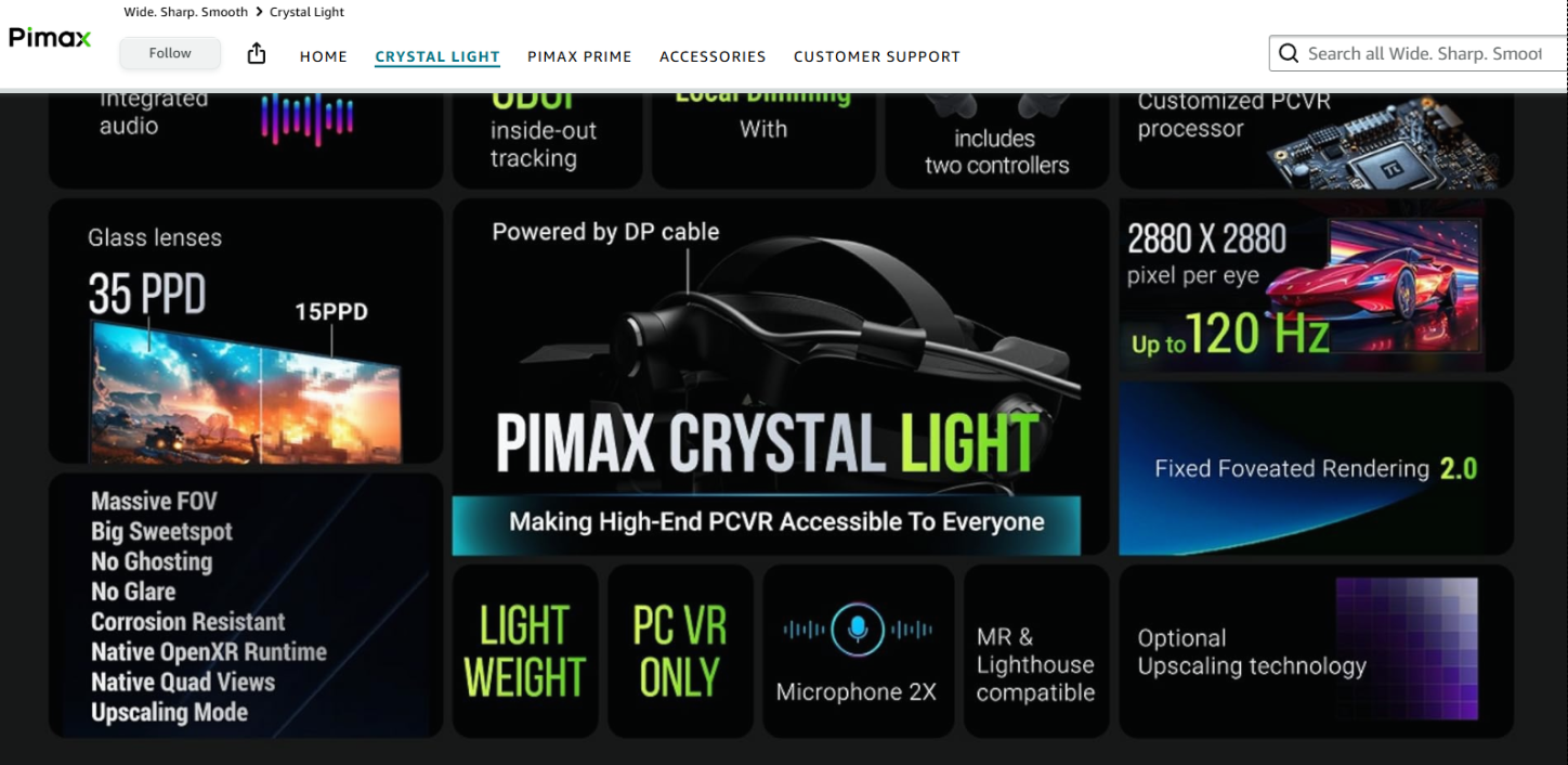 Pimax Crystal Light Prime PCVR Headset - 8K Resolution / QLED Display / Light & Comfortable / High Clarity VR for flight simulator / Compatible with MSFS / iRacing & More / DMAS & Lighthouse Tracking optional