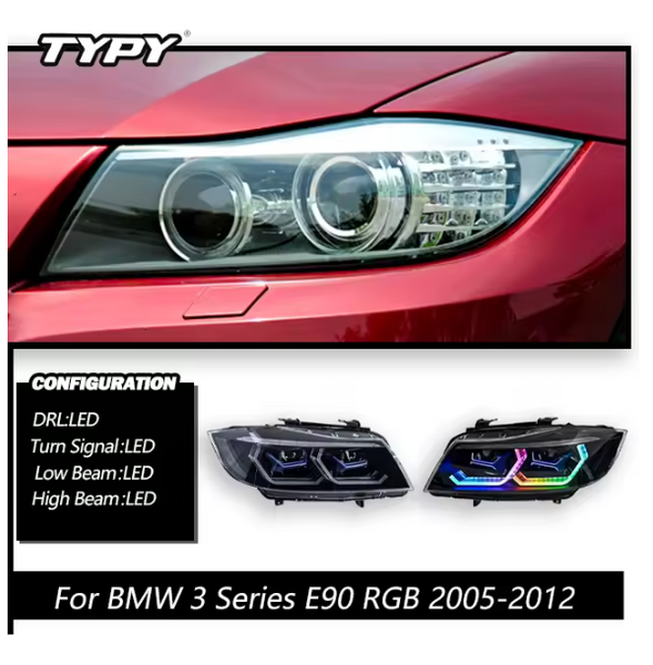 TYPY LED DRL Lightbar Projector Headlights BMW 3 Series 2005-2012 E90 RGB LHD (For factory Halogen only)