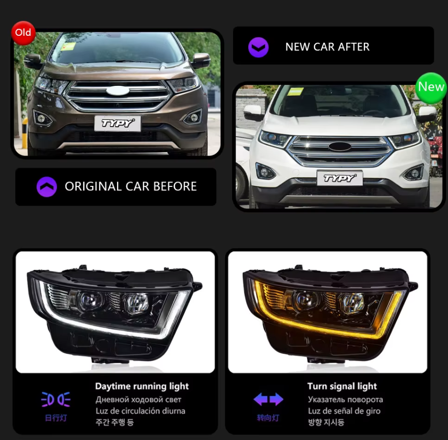 TYPY LED DRL Lightbar Projector Headlights Ford Edge 2015-2019 LHD