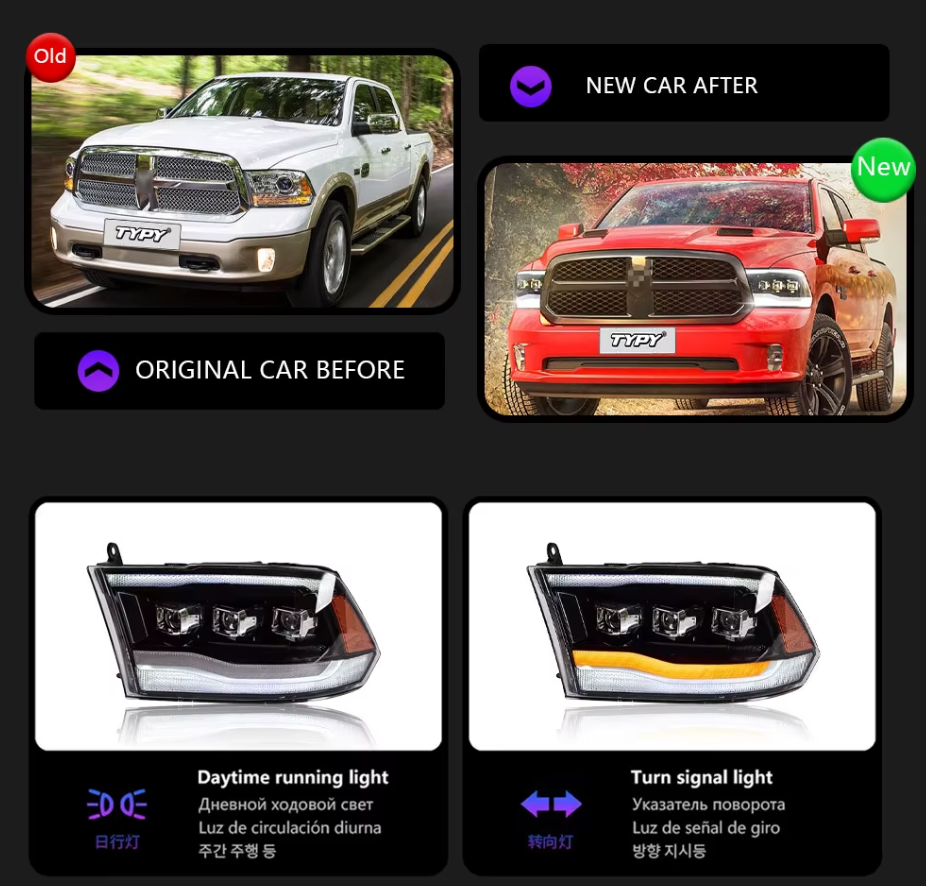 TYPY LED DRL Lightbar Projector Headlights Dodge Ram 1500 2009-2019 LHD