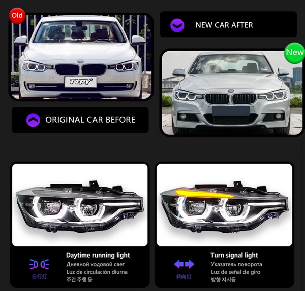 TYPY LED DRL Lightbar Projector Headlights BMW 3 Series F30 Headlight 2012-2019 LHD