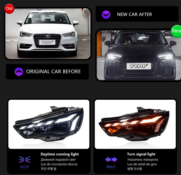 TYPY LED DRL Lightbar Projector Headlights Audi A3 Headlight 2013-2016 LHD