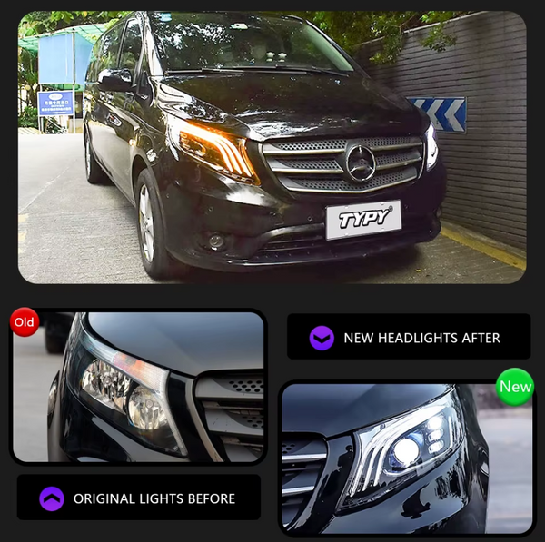 TYPY LED DRL Lightbar Projector Headlights Mercedes Benz Vito V260 V250 Maybach style Head Lamps Sequential Turn Signal LHD