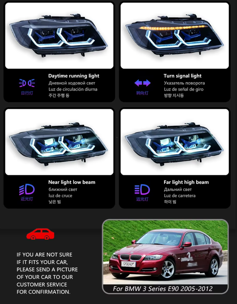 TYPY LED DRL Lightbar Projector Headlights BMW 3 Series 2005-2012 E90 RGB LHD (For factory Halogen only)