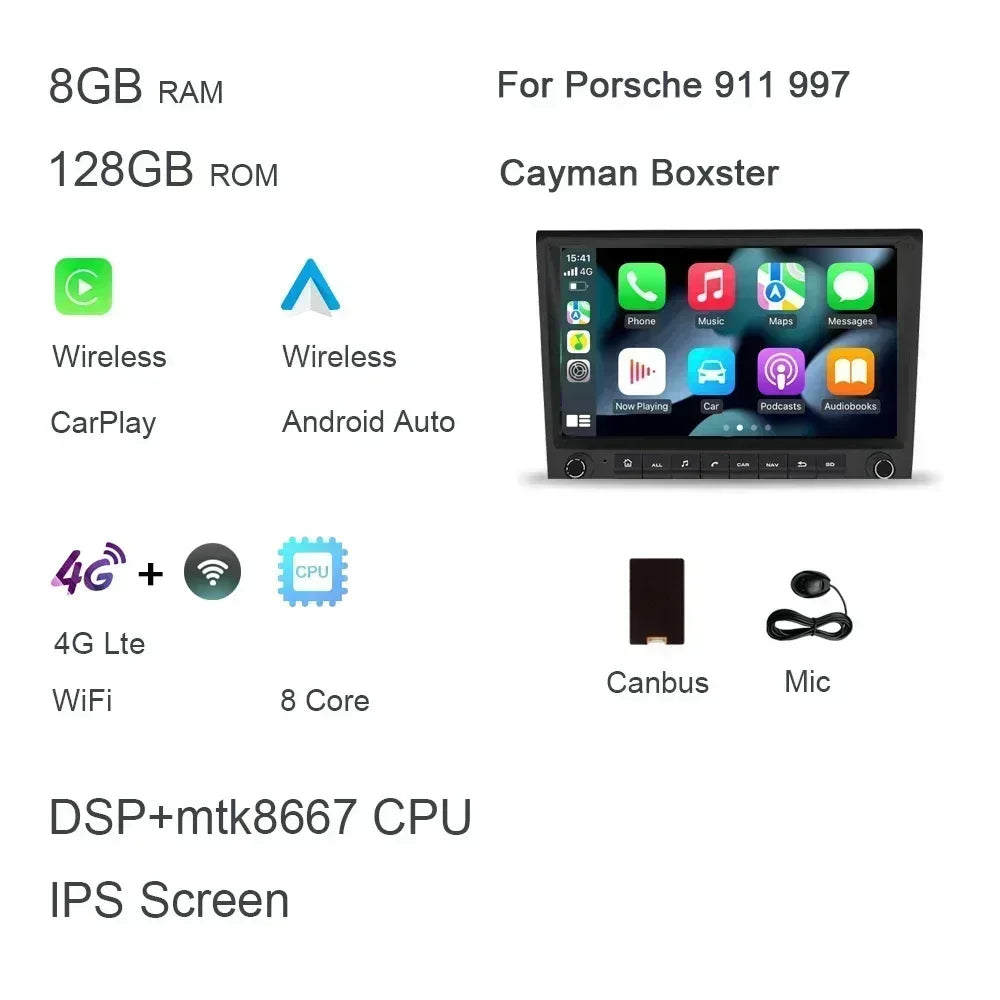 720P 8" 2 din Android 14.0 Car DVD player 8 Core 256GB ROM DSP multimedia GPS autoradio For Porsche 987 911 997 Cayman Boxster