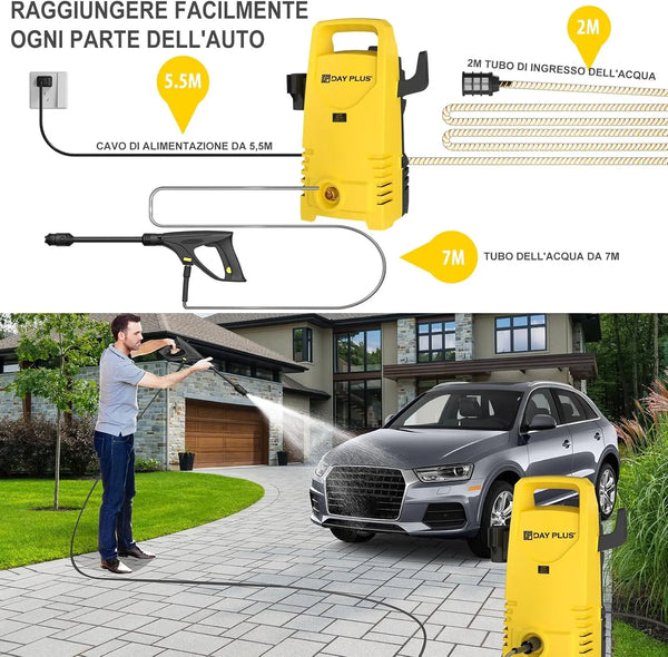 Electric High Pressure Washer 1600W, 120bar, 380L/h – Adjustable Lance, 7m Flexible Hose, for Terraces, Gardens, Cars