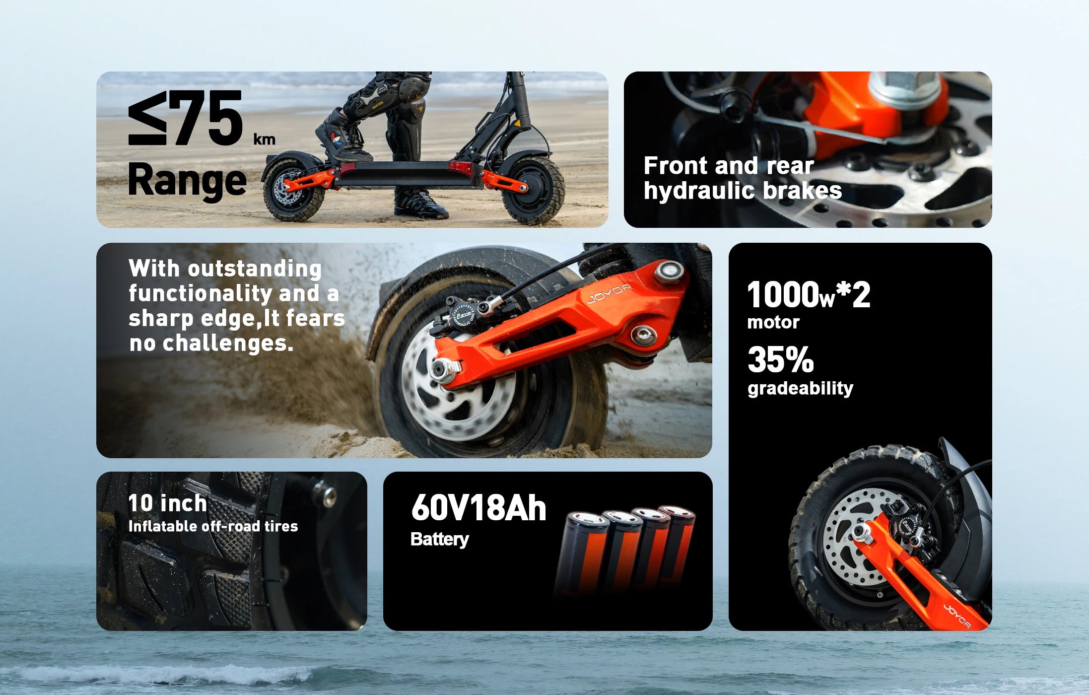 JOYOR T10 Electric Scooter for adults 2000W Dual Motor 60V18Ah Battery 10 Inch Tire Hydraulic Brake Electric scooter Foldable