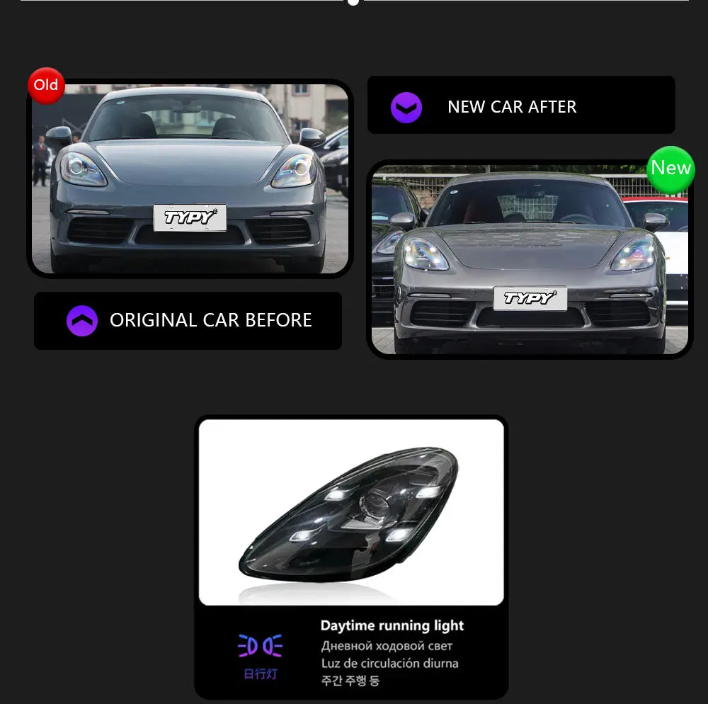 TYPY LED DRL Lightbar Projector Headlights Porsche 718 Cayman Boxster 2016-2023 Upgrade New Style LED PLDS Lasers Head Lamps 2 PCS Plug and Play - NOT Factory OE AFS - LHD & RHD Available