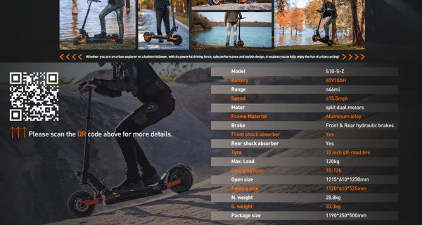 Joyor S10-S-Z Adult E-scooter 1000W*2 Motor 60V18Ah Escooter 10 Inch Off Road Tire Off Road Electric Scooter