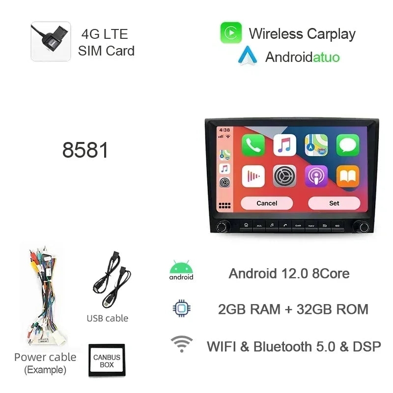 8G 256GB 7" Auto Android 12 Car Radio GPS Player Carplay Navi Bluetooth Wifi For Porsche 911 996 986 Boxster Carrera 1998-2006