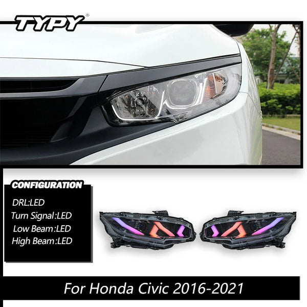 TYPY Car Front Lamp For Honda Civic Headlight RGB LED Projector Headlamp Assembly 2016-2021 Turn Signals Daytime Running Lights