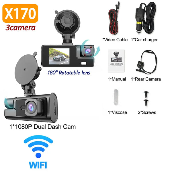 3 Lens Car Recorder with Memory Card Car Camera 1080P VCR WIFI Car DVR 2 Lens Front and Rear View Camera Night Vision Car Access