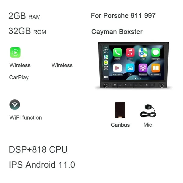 720P 8" 2 din Android 14.0 Car DVD player 8 Core 256GB ROM DSP multimedia GPS autoradio For Porsche 987 911 997 Cayman Boxster